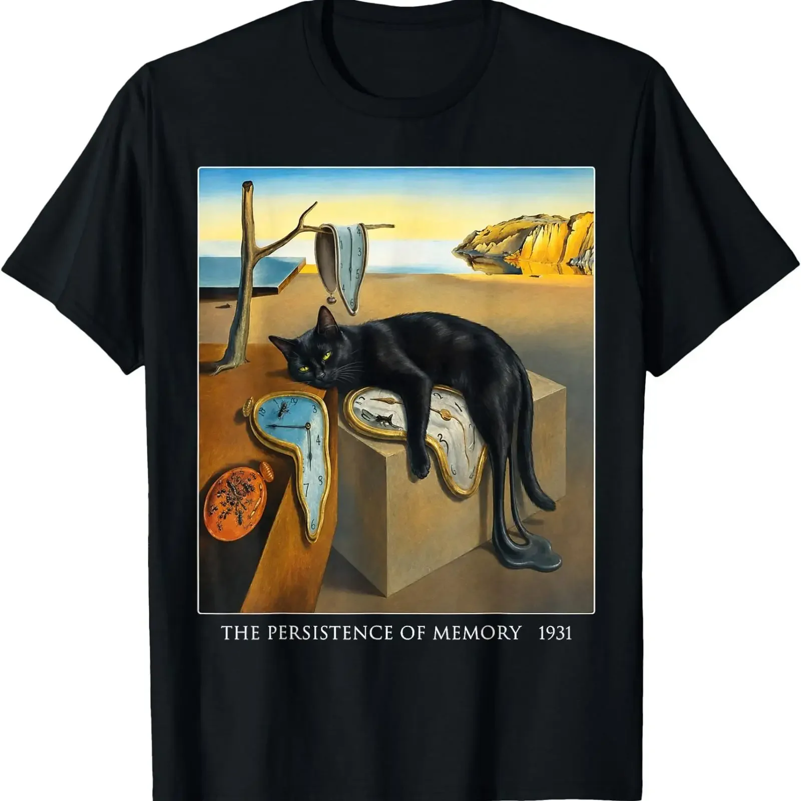 Persistence of Memory Black Cat Melting Clock Art T Shirt vintage Washed designer clothes Soft fashion Casual Unisex