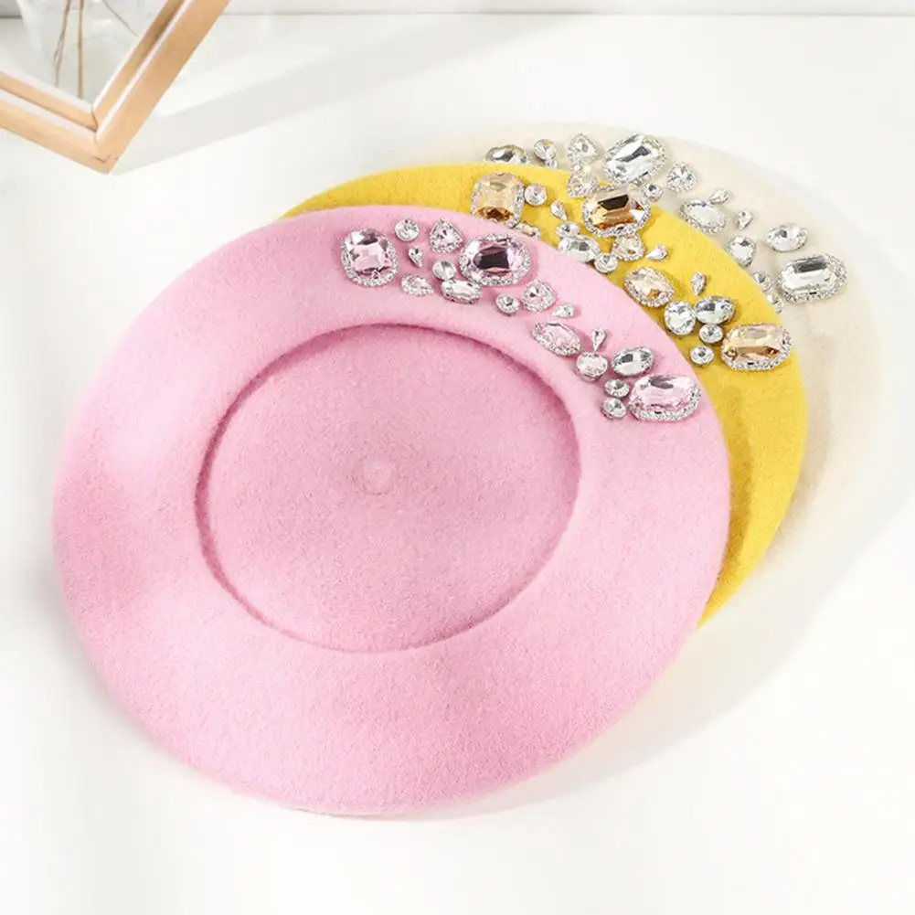 ¡Envío directo! Boina francesa con diamantes de imitación gruesos, decoración térmica sin ala, sombrero de pintor de estilo francés, sombreros de