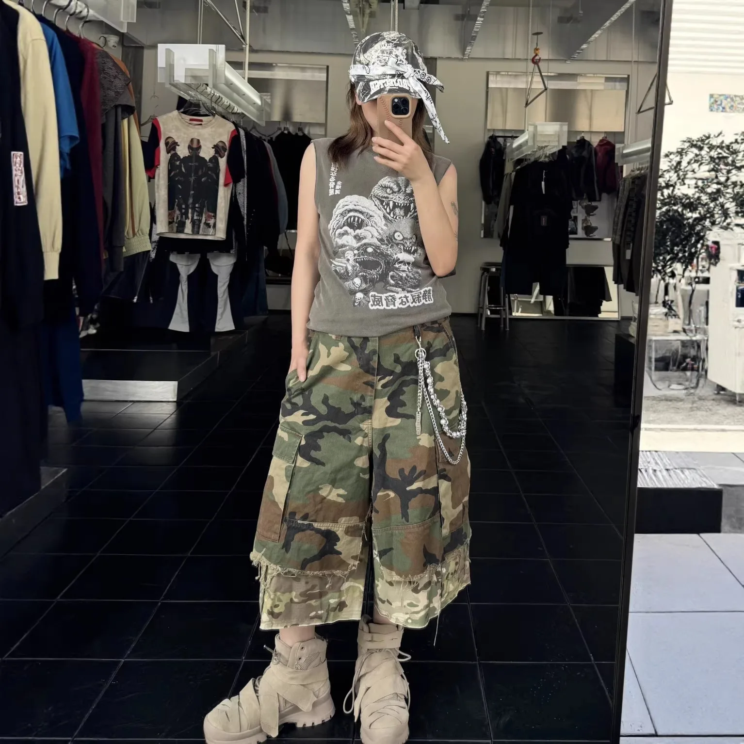 Grailz Summer Retro Camo Patchwork Design Multi-Pocket Short Pants for Casual Straight-Fitting Seven-Inch Length Project G/R