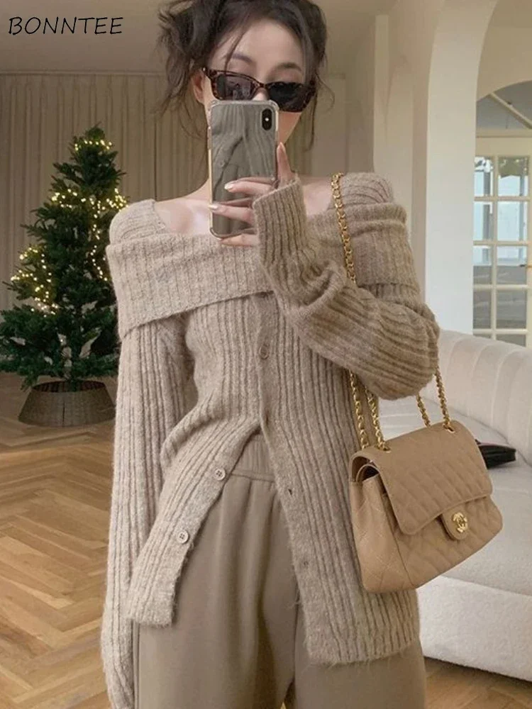 

Spring Cardigans Women Slash Neck Cozy Leisure Solid Sexy Slim Irregular Buttons Design Knitwear Korean Style Lady Gentle Chic