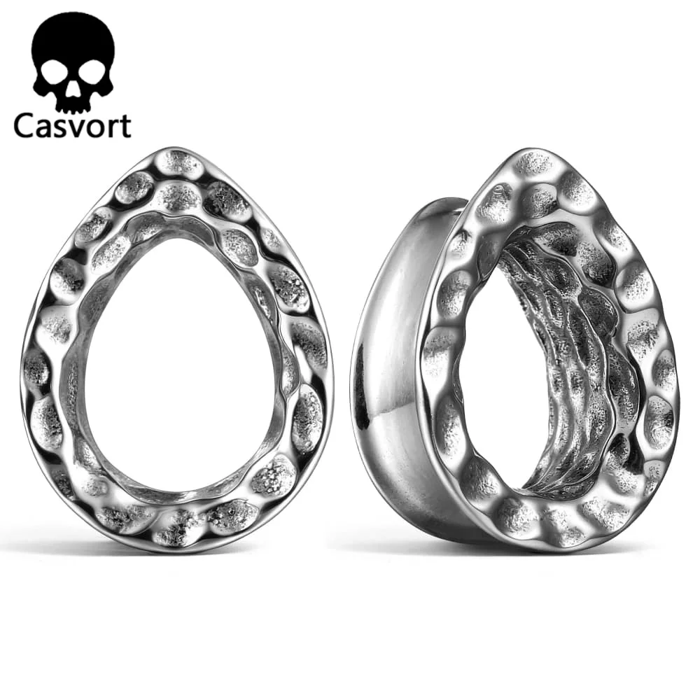 Casvort 2PCS 316L Stainless Steel Hammered Waterdrop Ear Tunnels Plugs Stretcher Studs Piercing Body Jewelry Unisex Hip-Hop Punk