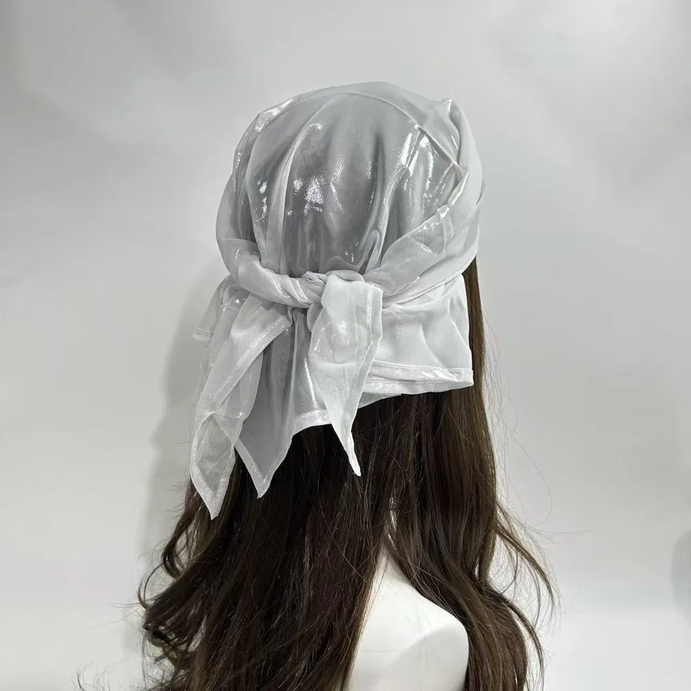 Polyester Liquid Silvery Headscarf Sparkly White Shiny Metallic Bandana Stripe Lightweight Satin Square Turban Parties