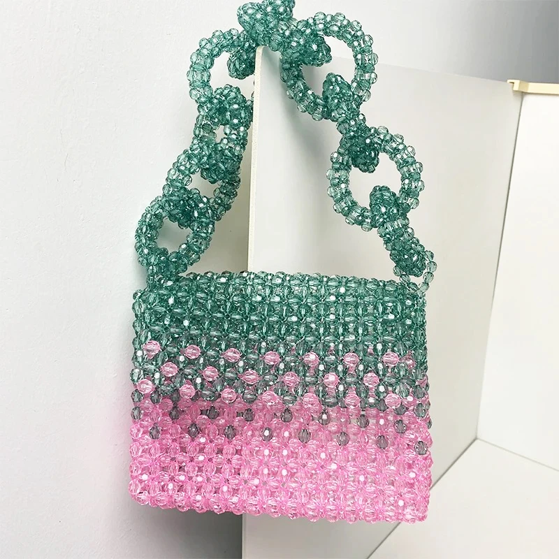 

Ladies Evening Bags For Women Luxury Designer Handbag Purses 2024 New In PC Beaded Braid Gradient Color Hollow Ring Handle Carry