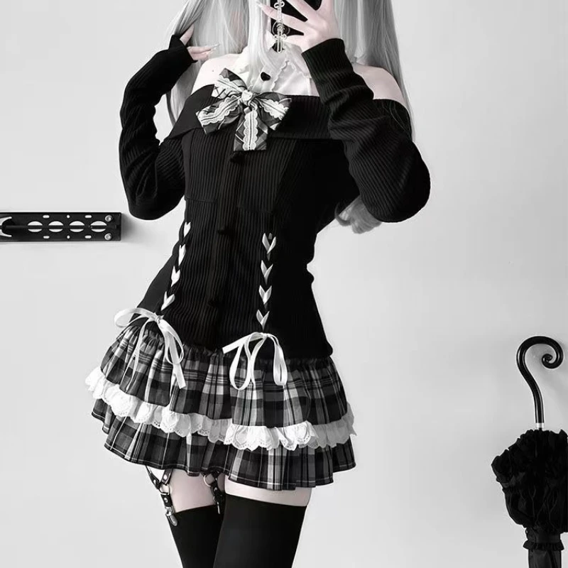 Japanese Gothic Y2k Lolita Skirt Set Women Sweet Lace Bow Bandage Knitted Off-shoulder Top Plaid Mini Skirts Kawaii Slim Outifit image 2