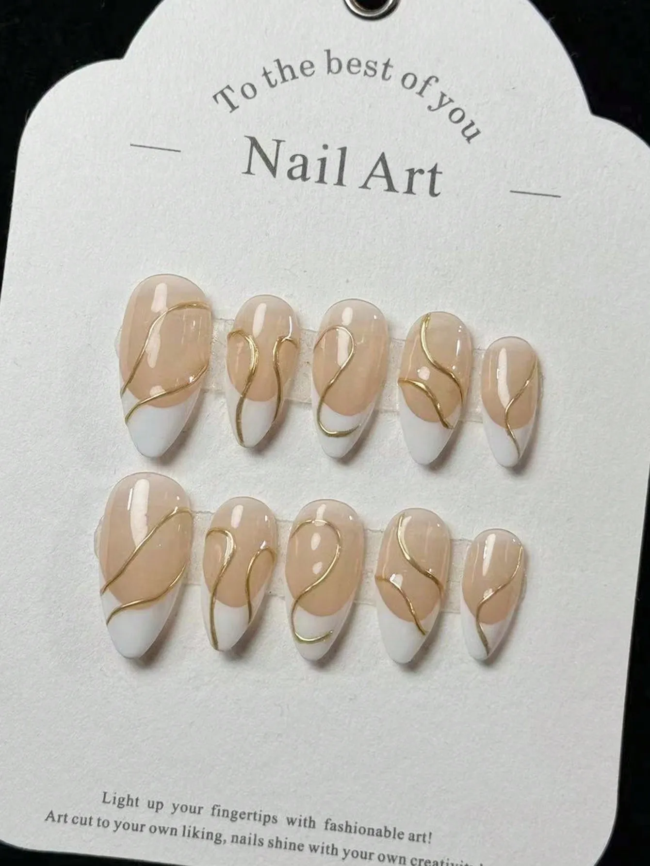 

10 pieces of pure handmade almond-shaped nails, nude white French gold three-dimensional lines, suitable for commuting, delicate