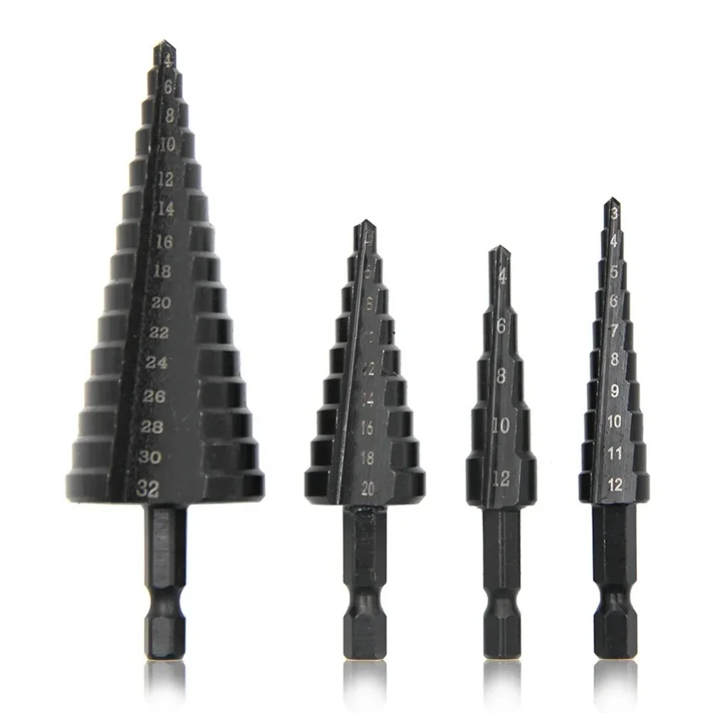 3Pcs Step Drill Bit HSS Hexagonal Shank Straight Groove Black Step Drill Bit 3-12/4-12/4-20/4-32mm Reaming Tower Drill Tool Set