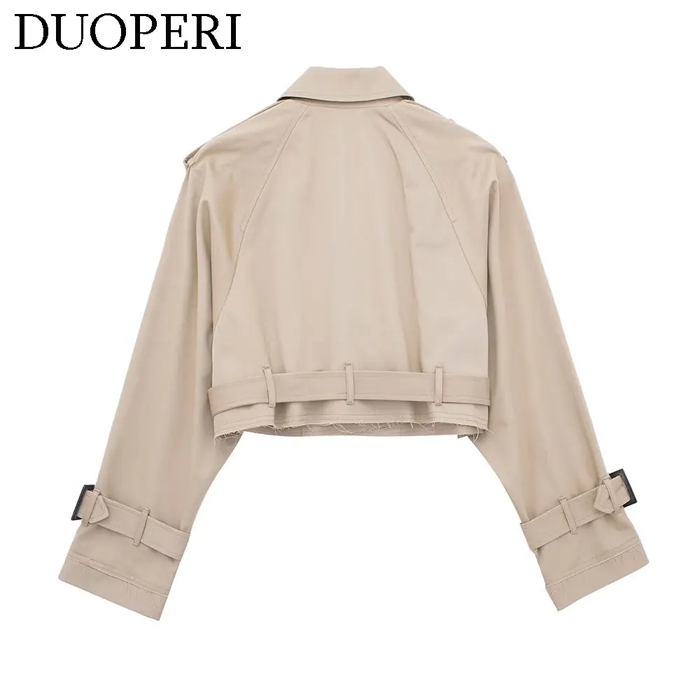 DUOPERI Women Fashion Casual Jacket Notched Collar Long Sleeves Waist Belt Female Chic Lady Casual Outwear Short Overcoat