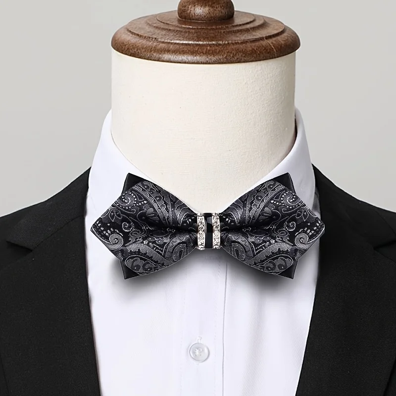 Men's Jacquard Satin Bow Tie with Rhinestone Decoration, No-Tie Bow Tie in Blue, Yellow, and Multicolor Paisley Pattern, Light Luxury Retro Style for Men's Weddings, Banquets, Formal Wear, and Parties