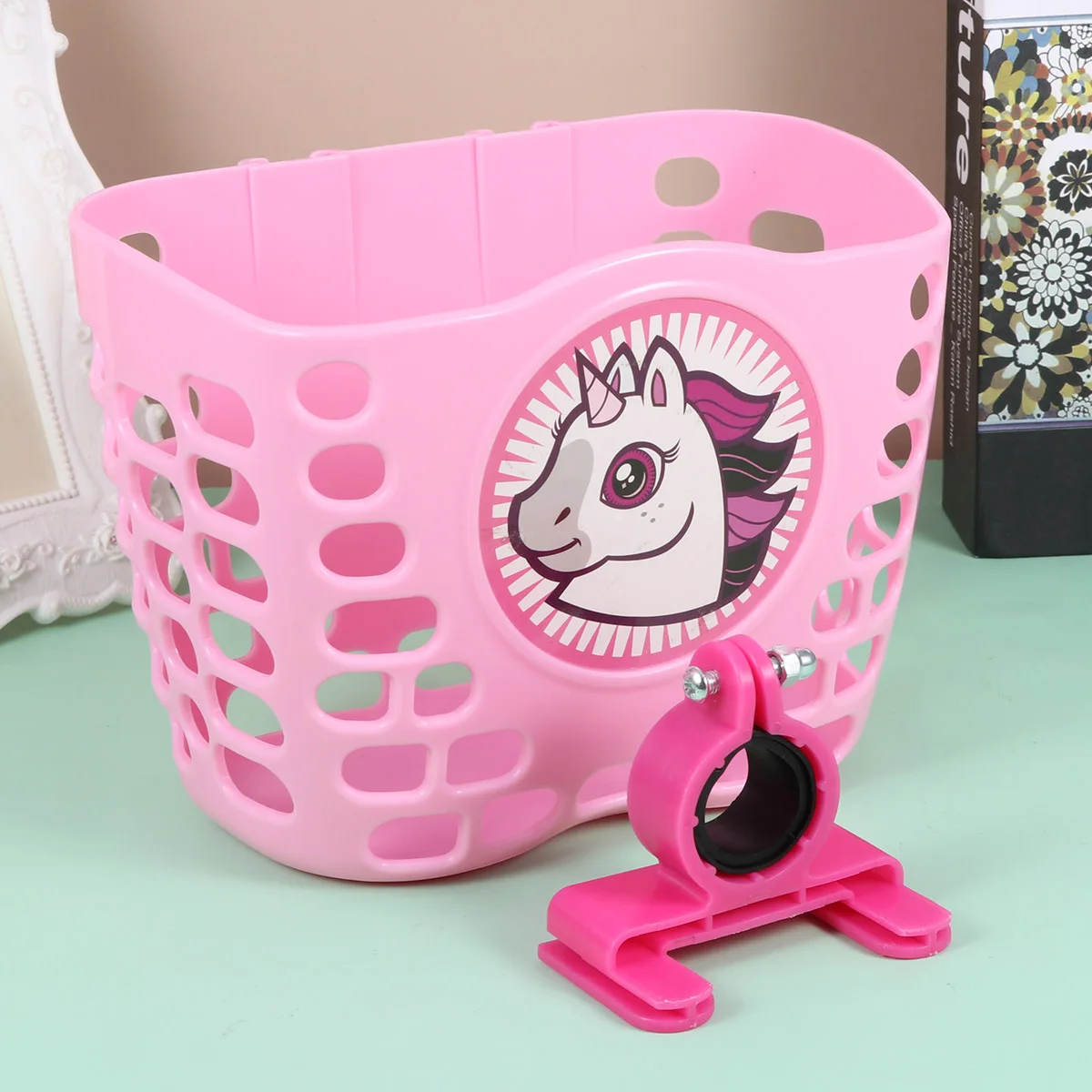 

Thickened Eco-Friendly Scooter For Bike Front Storage Basket Horse Head Pattern Pink Durable Plastic Basket Easy Install