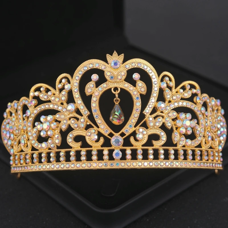 Mahkota berlian imitasi, warna emas, Tiara pesta putri, dan mahkota pengantin, aksesori rambut pernikahan, hadiah mahkota hiasan kepala