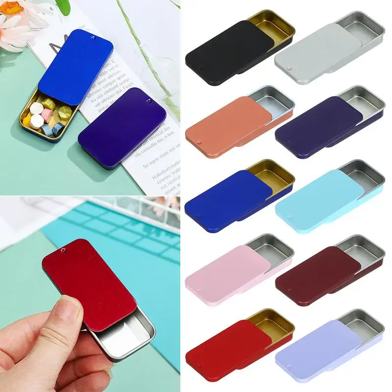 Mini Metal Rectangular Empty Hinged Tins Box Containers Tinplate Push Mini Iron Box Slide Cover Storage Pill Cases Organizer