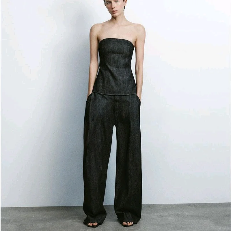 Wiosenny damski komplet: top z denimu z wiązaniem na biuście i długie spodnie, dwuczęściowy zestaw, okrągły dekolt, włókno poliestrowe.