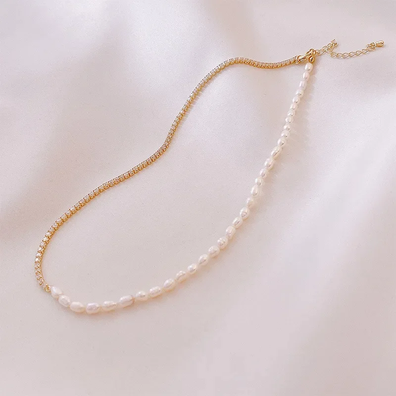 Minar Elegant Natural Freshwater Pearl Necklaces for Women Bling Bling Rhinestones Asymmetric Chain Chokers Necklace Accessories