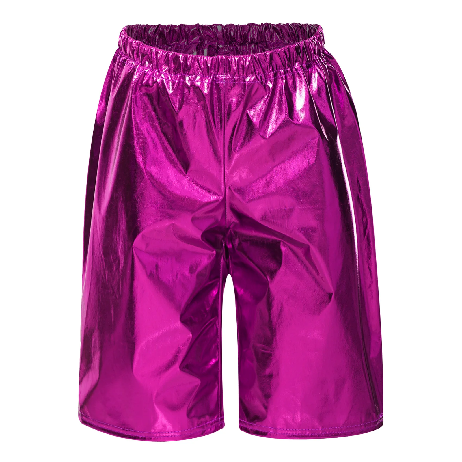 

Kids Girls Glossy Boys Knee Length Shorts Performance Costumes Metallic Elastic Waistband Straight Leg Pants for Jazz Dance