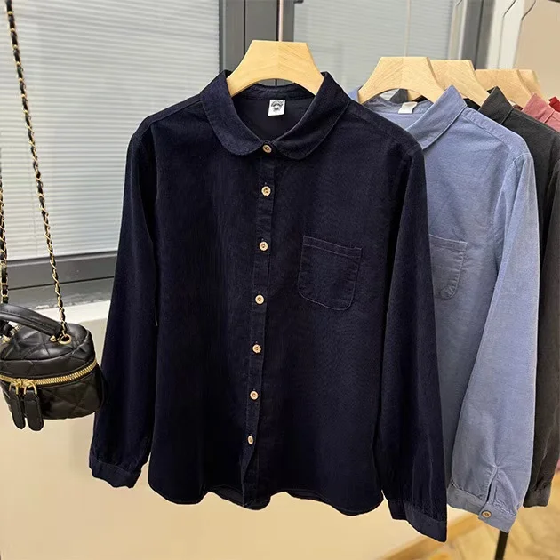 Women Red Navy Blue Pink Corduroy Shirts Blouses Autumn Winter Turn-down Collar Base Blouses Long Sleeve Button Up Tops