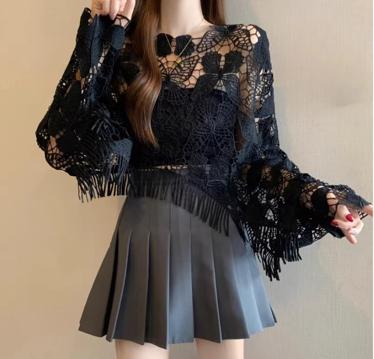 Women Summer Large Size Elegant Hollow Solid Color Sexy Sunscreen Blouse Fashion Short Versatile Loose Tassel Long Sleeve Shawl