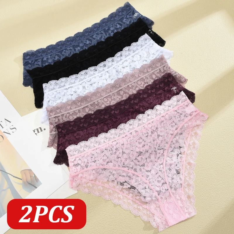 

2Pcs/Set Women's Sexy Lace Floral Panties Solid Color Perspective High Waist Underwear Female Cozy Breathable Intimate Lingerie
