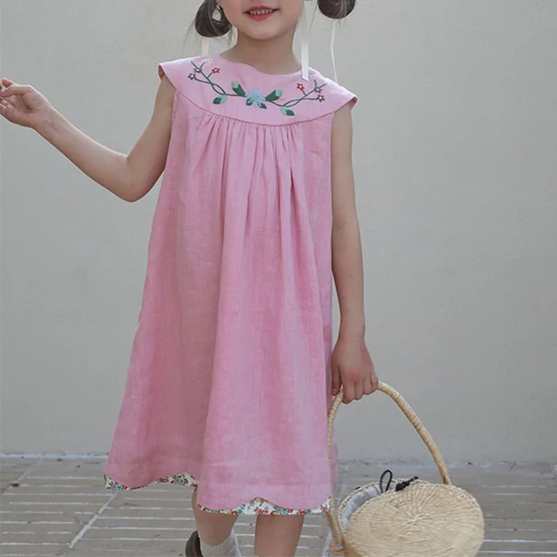 Summer Girls' Breathable Bamboo Cotton Dress Children's Embroidered Flower Dress Baby Fashionable Temperament Clothing