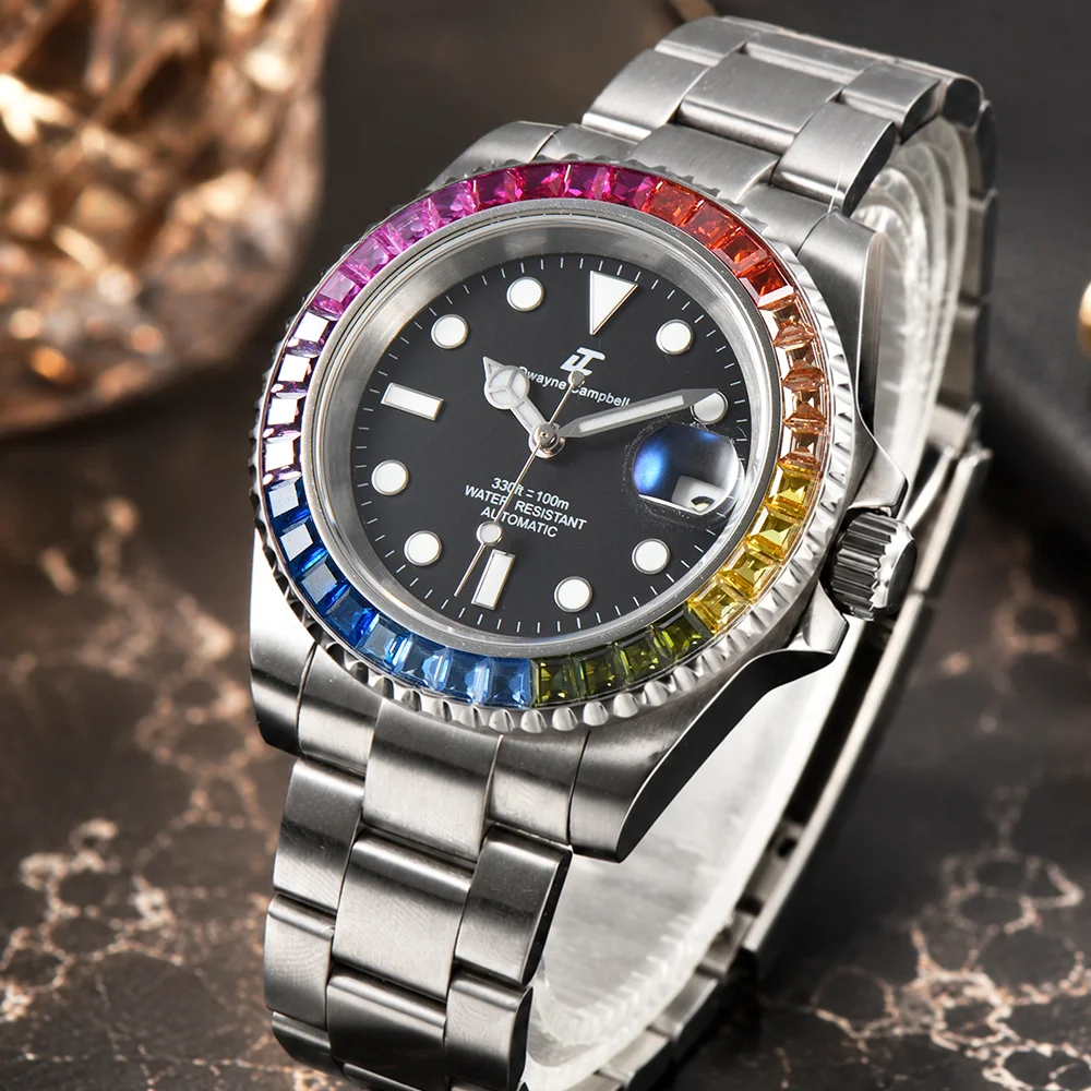 40mm Diving Rainbow bezel SUB watch Japanese NH35 Movement sapphire glass 316L stainless steel luminous 3Bar waterproof
