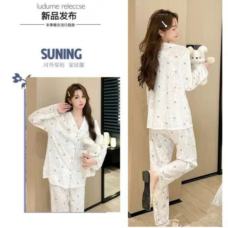 Gold Velvet Pajamas Autumn Winter Women Long Sleeve Casual High-End Cardigan Homewear Suit Female Sweet Loose Nightclothes 2024