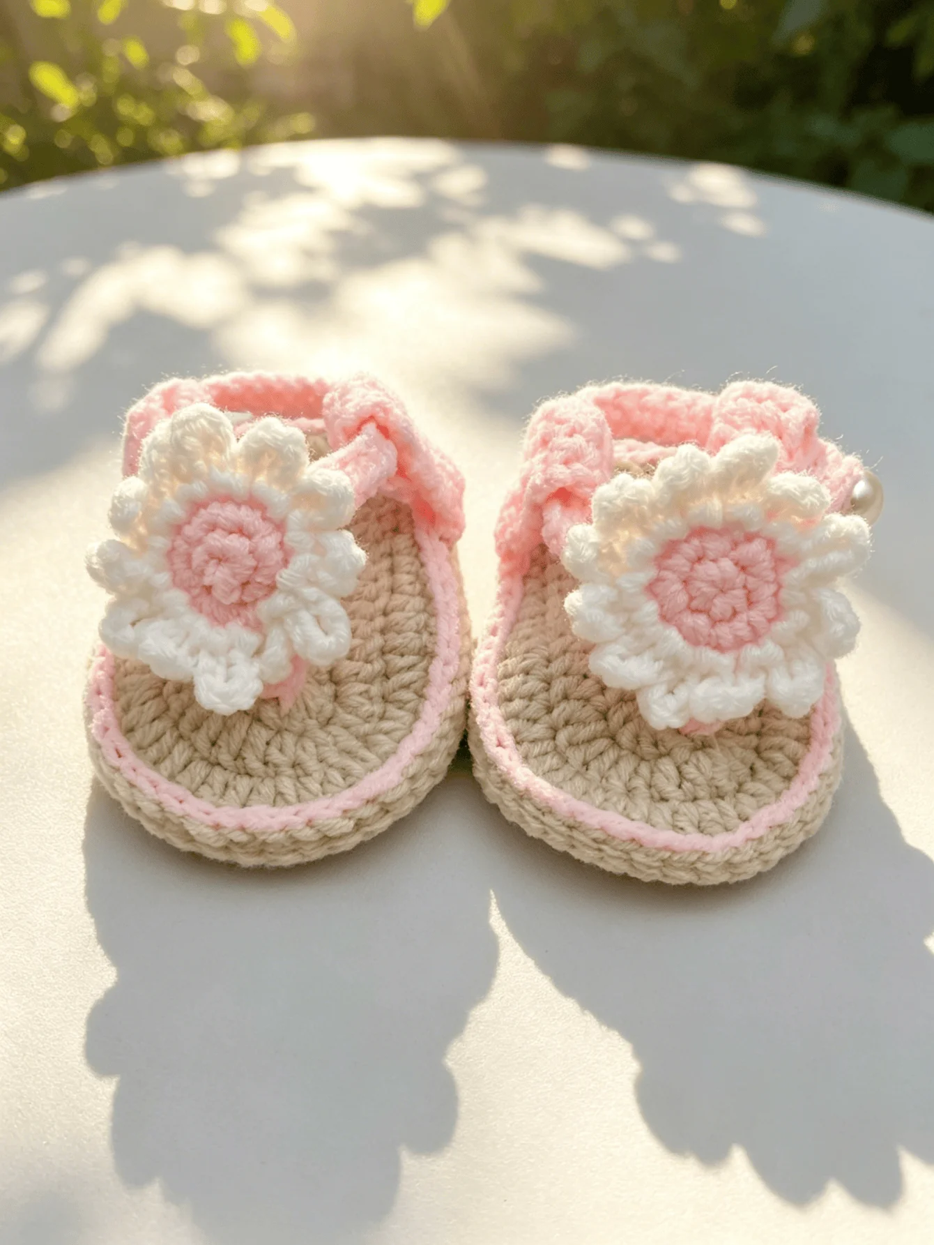 1 Pair Handmade Crochet Baby Girl Sandals, Pink and Beige, Flower Accent with Pearl, Newborn Booties