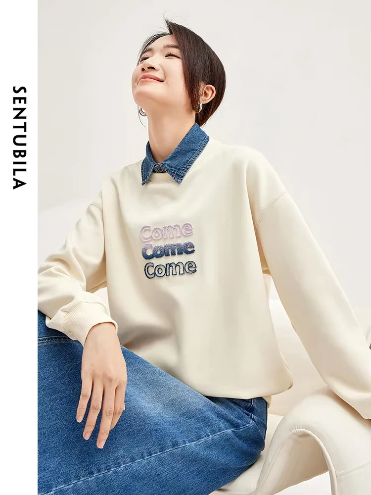 SENTUBILA Gradient Letter Print Pullovers Women 2024 Autumn Sweatshirts Detachable Fake Collar Long Sleeve Top Clothes 133A51878