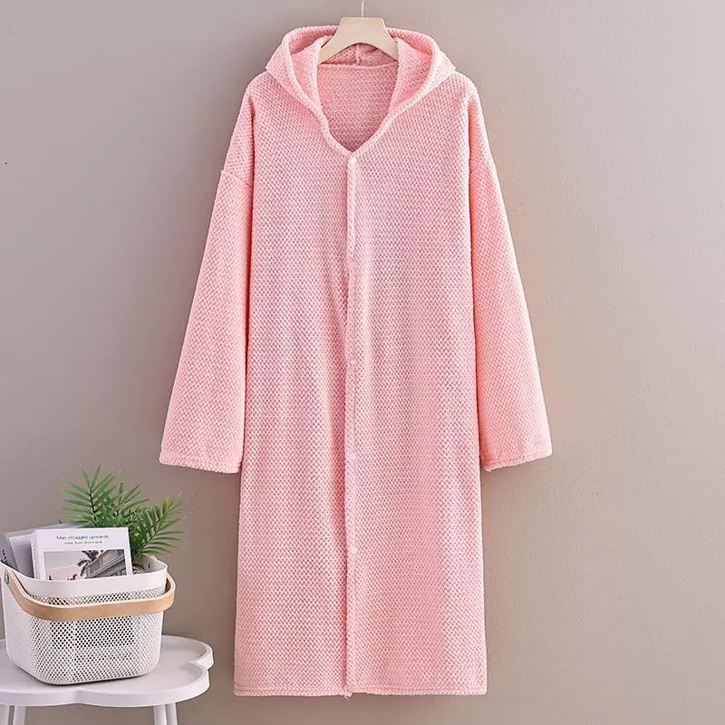 Hooded Long Bathrobe For Adults Soft Waffle Fleece Light Gray Button Front Loungewear Cozy Warm Sleepwear Home Bathroom Spa Post