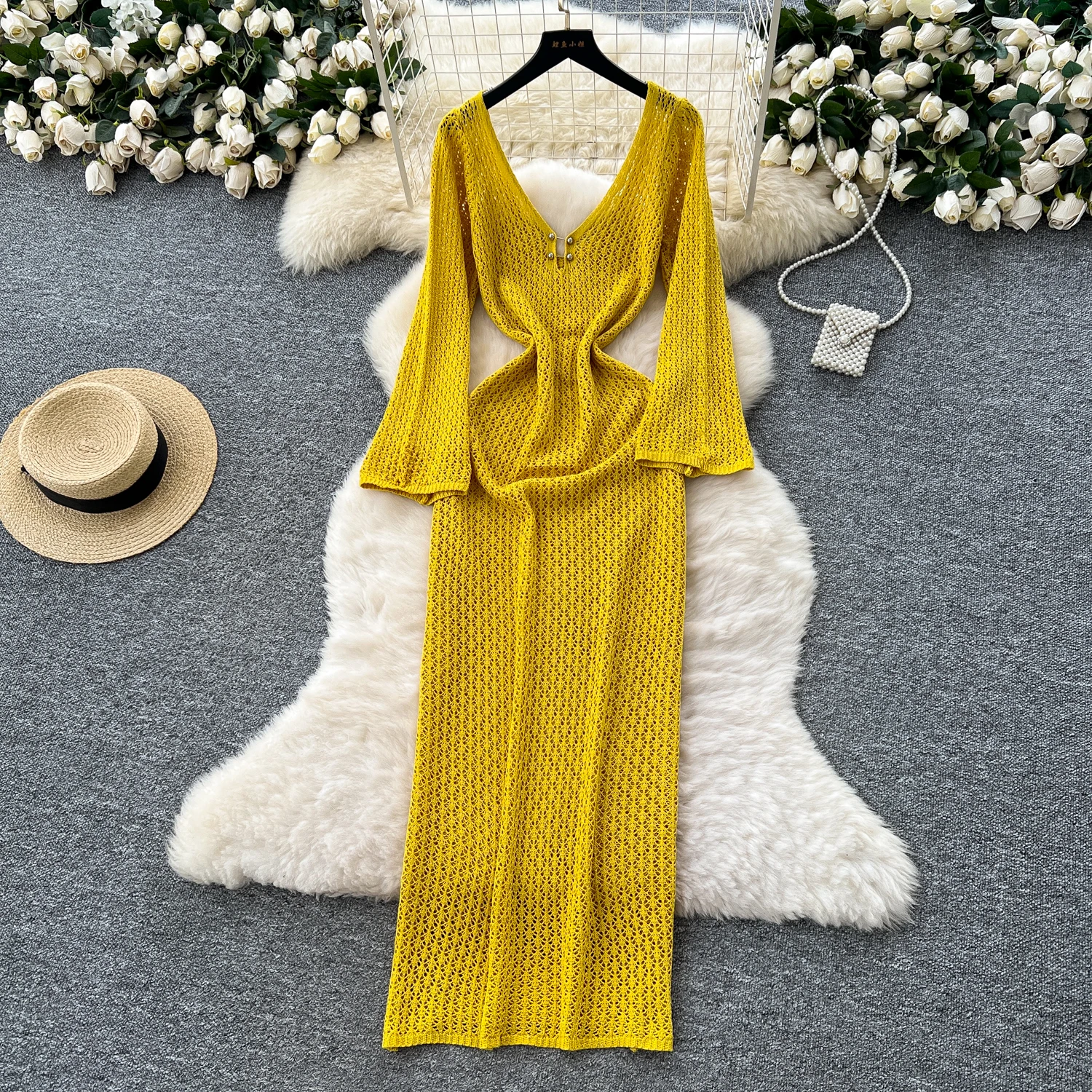

2025 Spring And Autumn Seaside Vacation Beach Cover-up Dress Sexy V-neck Trumpet Sleeve Bohemian Beach Hollow Knitted Dress