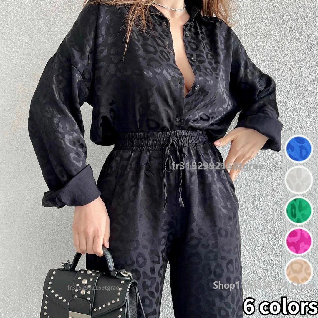 White Satin Wide Leg Trousers Suit for Women 2024 Spring Office Leopard Print Two-piece Set Home Tracksuit Women's Pajamas Sets