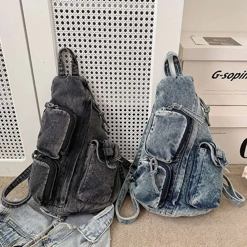 Nowy modny plecak dżinsowy w stylu vintage, kobieca spersonalizowana torba na ramię z wieloma kieszeniami, modny plecak na co dzień — zdjęcie 3