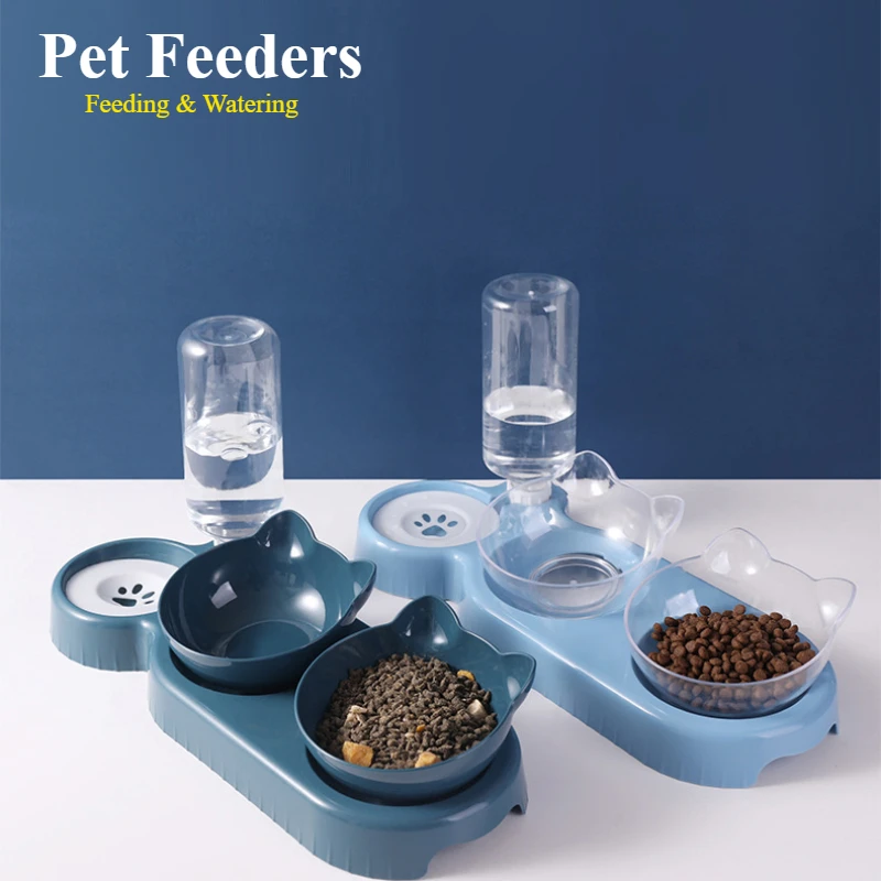 Pet Feeder Cat or Dog Bowls Feeding and Watering Anti-knock Automatic Water Dispenser Combination Food Basin