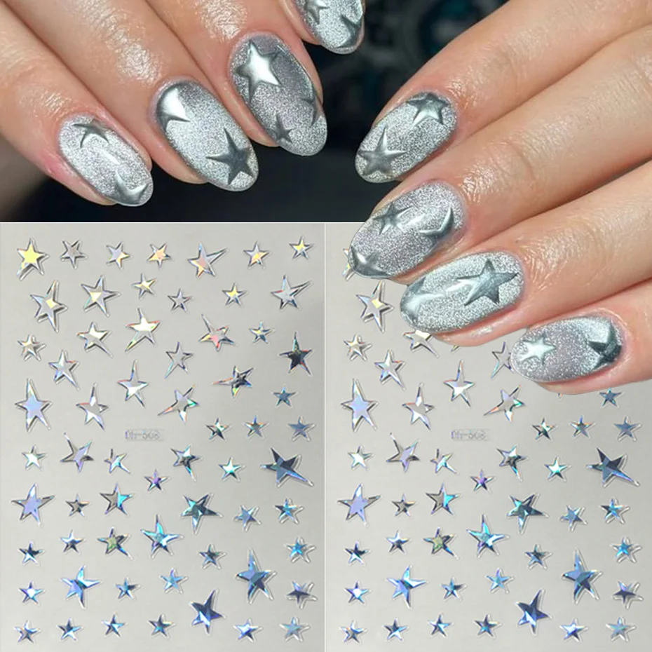 Sparkling Golden Laser Star Nail Sticker - 3D self-Adhesive Decals Different Size Five-Pointed Star Stickers for Manicure Tips