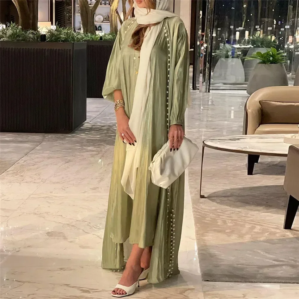 Elegante musulmano Abaya 2 pezzi coordinati set perline raso donne Hijab abito abito da sera turchia arabo Islam abiti caftano marocchino