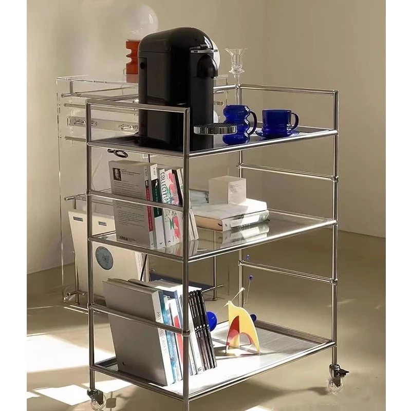 Medieval modern glass rack trolley Internet celebrities ins stainless steel dining cart Movable side few storage shelves