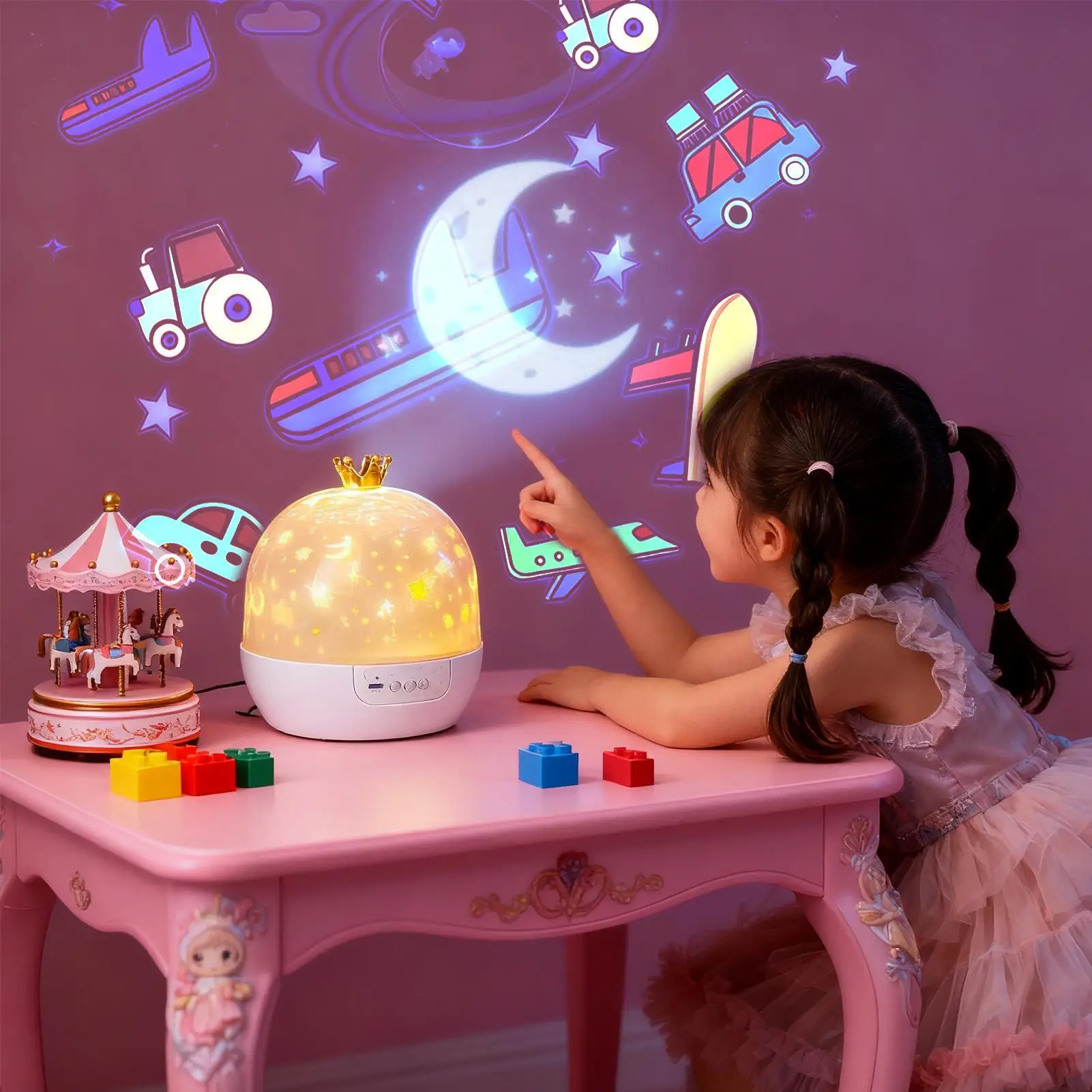 Proyector de luz nocturna para niños, luz nocturna con música, proyector de techo giratorio de 360 grados para pared de guardería, dormir para dormir en la hora de dormir