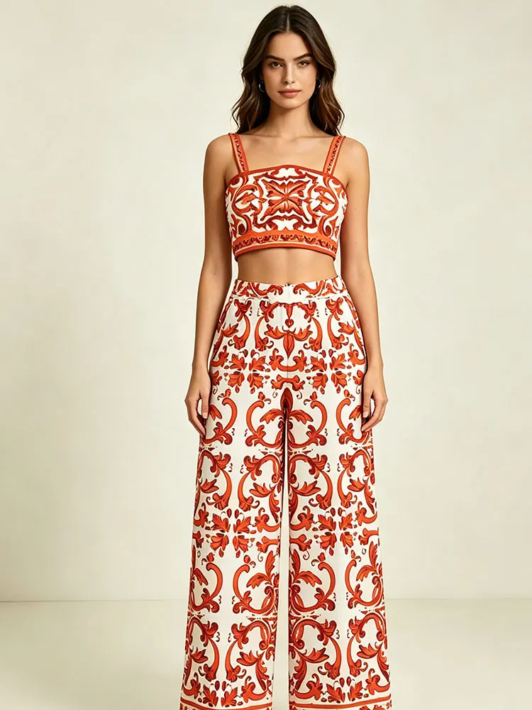 Elegant Retro Women's Suit Slim Collar Short Suspender Top with Elastic Waist Straight Pants Sexy Printed Two-Piece Summer Outfi
