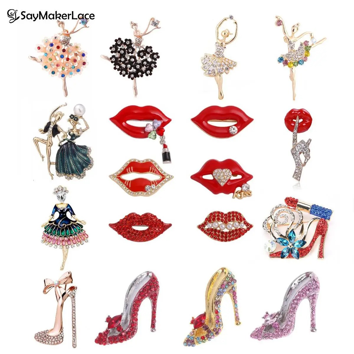 1PCS High Heeled Shoes With Big Red Lips Ballet Dancer Brooch Pins Dancing Girl Brooch Pins Red Color Rhinestone Lips Brooches