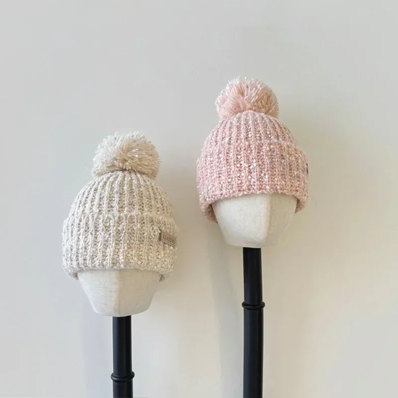 Chic Warm Kids Beanie for Boy Girl Fashion Retro Knitted Hat Furry Ball Autumn Winter Warm Fleece Plush Children Crochet Bonnet