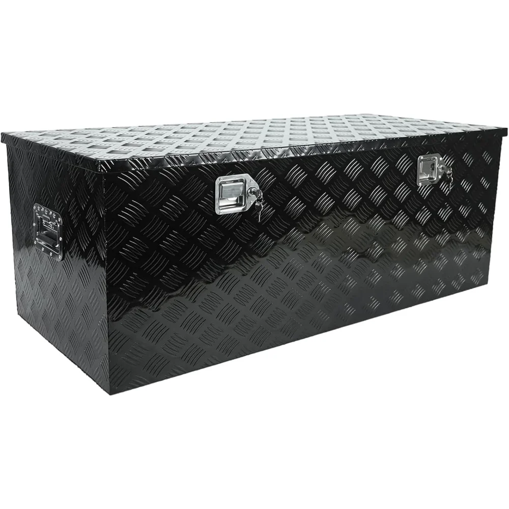

44 Inch Heavy Duty Aluminum Stripes Plated Tool Box Pick Up Truck Bed RV Trailer Toolbox Square Storage Organizer
