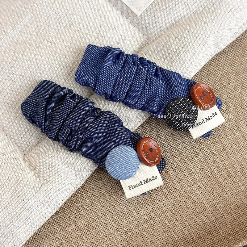 

Retro Denim Button BB Clip Pleated Color Block Side Fringe Clip For Women Fashion Versatile Premium Lightweight Hair Accessory