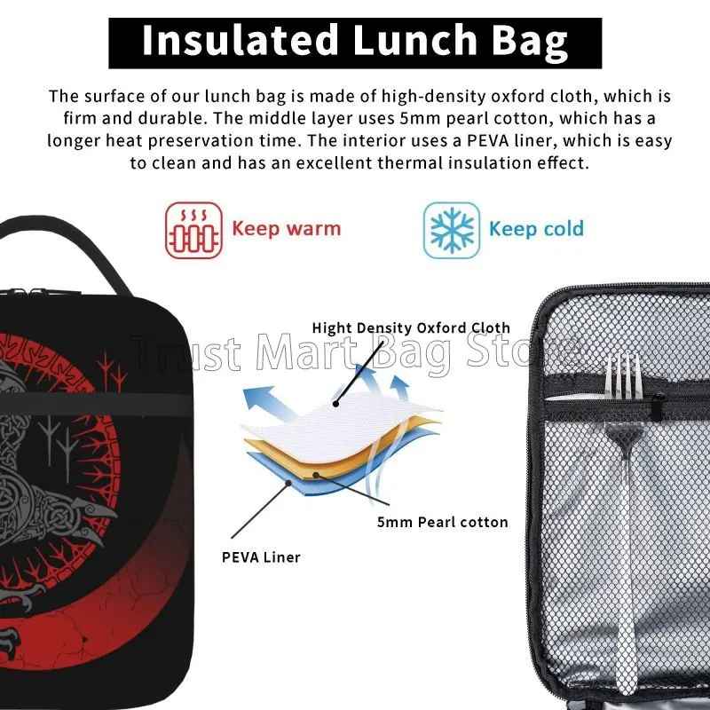 Odin Viking Norse mitologia Black Raven Crow borsa da pranzo isolata riutilizzabile portatile impermeabile Oxford Bento Tote per lavoro di viaggio