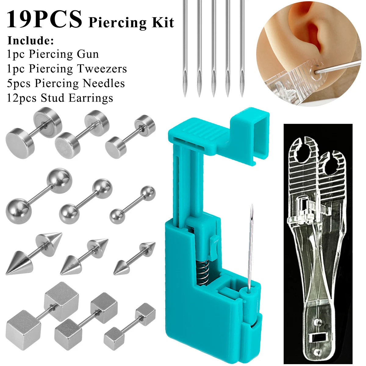 19pcs Stud Earring Piercing Kit Include 1pc Piercing Gun 5pcs Needles 1pc Tweezers 12pcs Cartilage Daith Lobe Stud Earrings