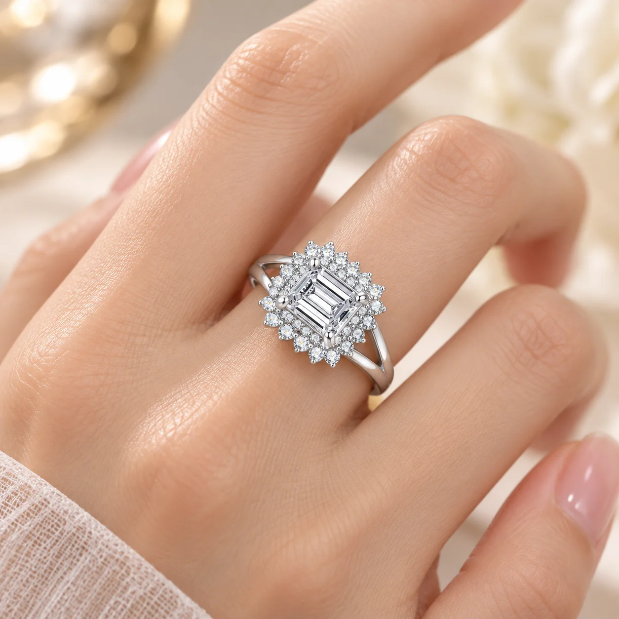 1.5CT 5A Cubic Zirconia Emerald Cut Ring Split Shank Halo Pave Plated Copper K White 14K Golden Gift for Women