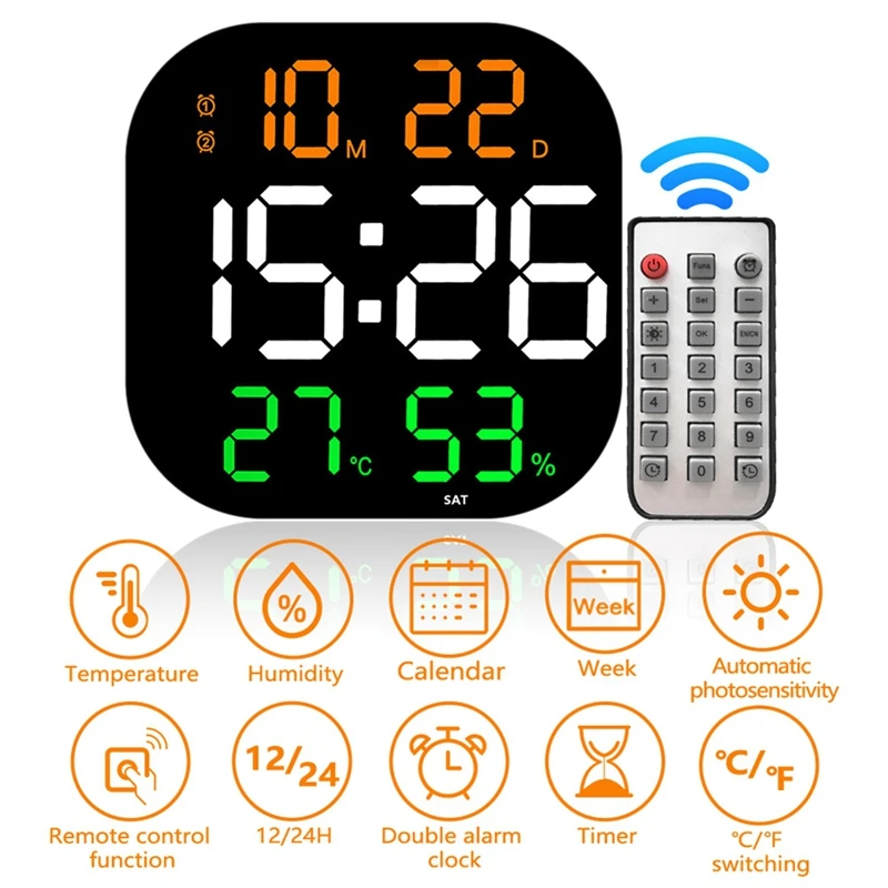 13Inch Wall Clock Brightness Adjustable Remote Control LED Digital Clock Electronic Dual Alarm Clock Living Room Decor