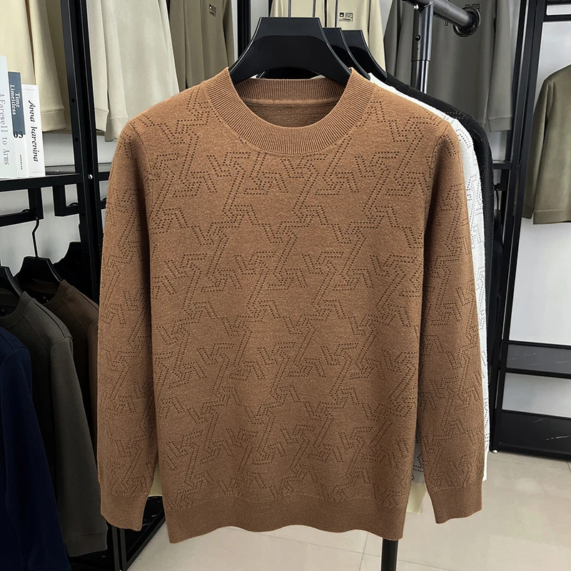 Men's Luxury Knitted Sweater Round Neck Long Sleeve Geometric Pattern Anti Pilling Pullover Autumn Winter Fashion Casual Men's
