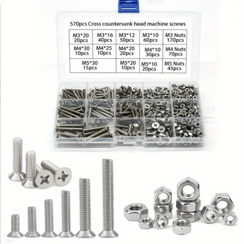 330PCS/570PCS M3 M4 M5 304 Stainless Steel Phillips Cross Flat Countersunk Head Screw Bolt Nut Assortment Kit