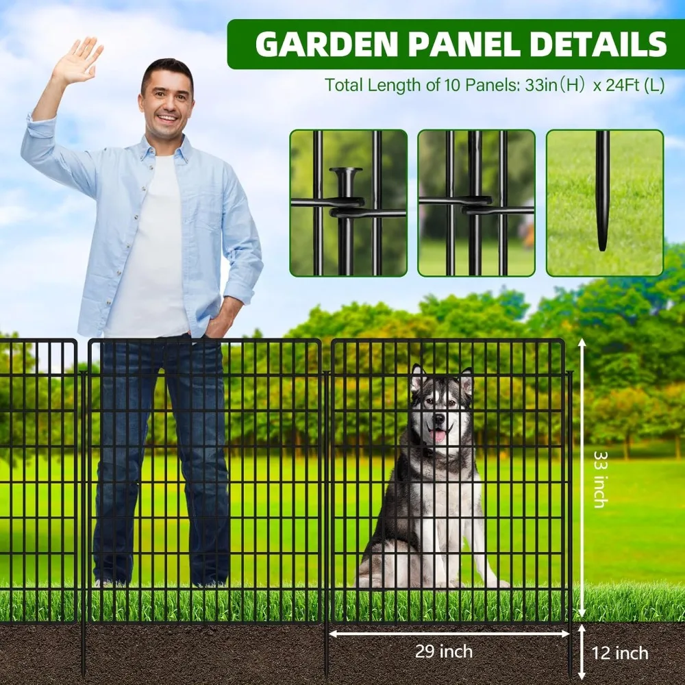 US Shipping 10 Panels Garden Fence 33 Inch Height No Dig Metal Wire Animal Barrier Outdoor Dog Fence for Yard Patio Rabbit