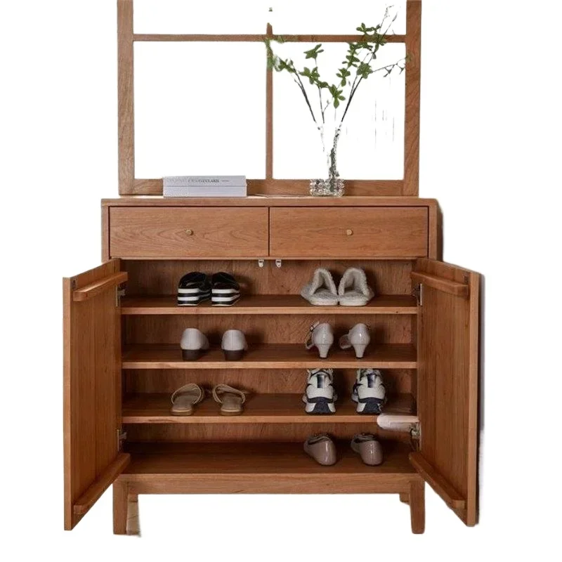 

Modern cherry wood simple floor-to-ceiling solid wood screen shoe cabinet entrance entrance cabinet Nordic white glass partiet