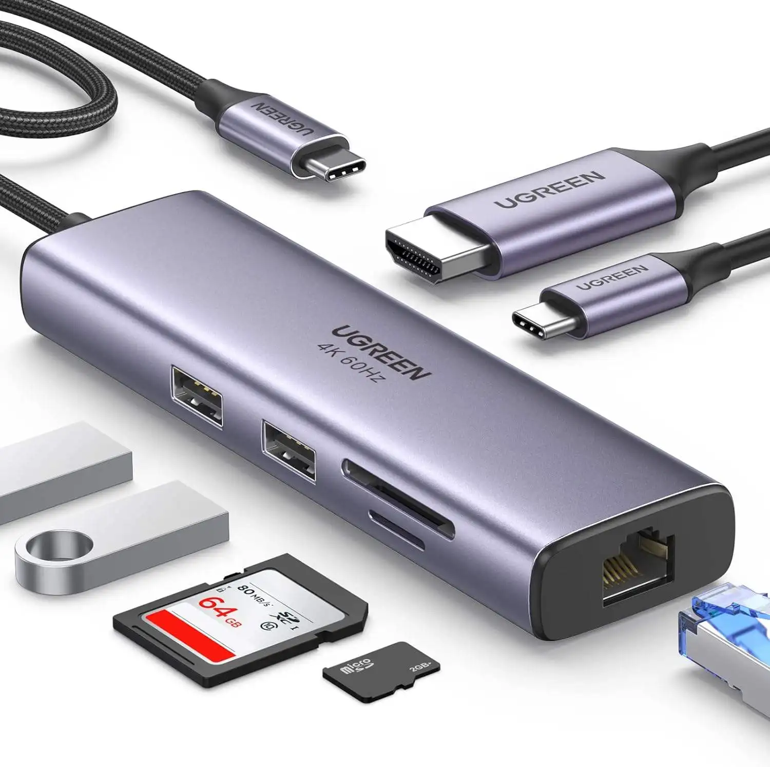 UGREEN Revodok 7 in 1 USB C Hub Gigabit Ethernet Adapter 4K 60Hz-HDMI, 100W PD Charging, USB a Data Ports, SD/TF Card Reader