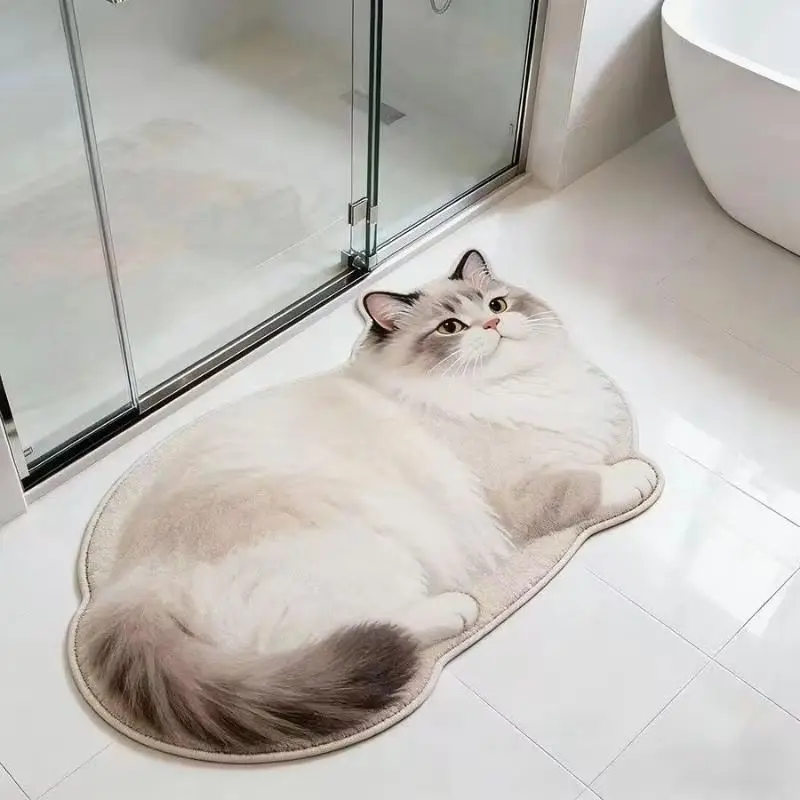 3D-Printed Kitten-Shaped Doormat, Soft and Absorbent Bathroom Doormat, Non-Slip Entryway Rug, Home Decor